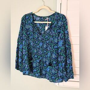 NWT Vineyard Vines Blue Green Floral Blouse V-Neck Long Sleeve Women’s Top Large